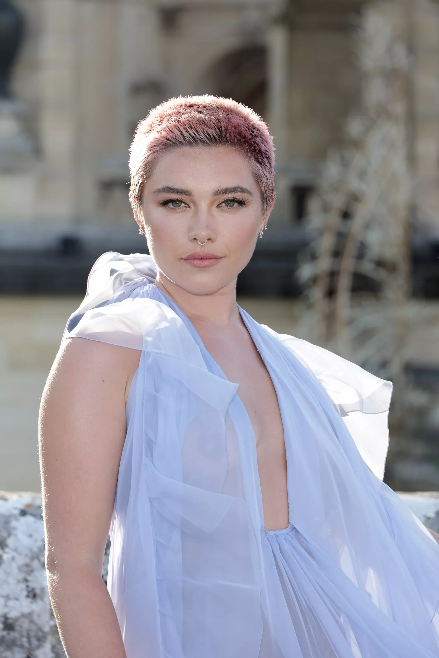 Florence Pugh Valentino Haute Couture Fall/Winter 2023/2024 Paris Fashion Week Sheer Lilac Dress and Pink Buzzcut